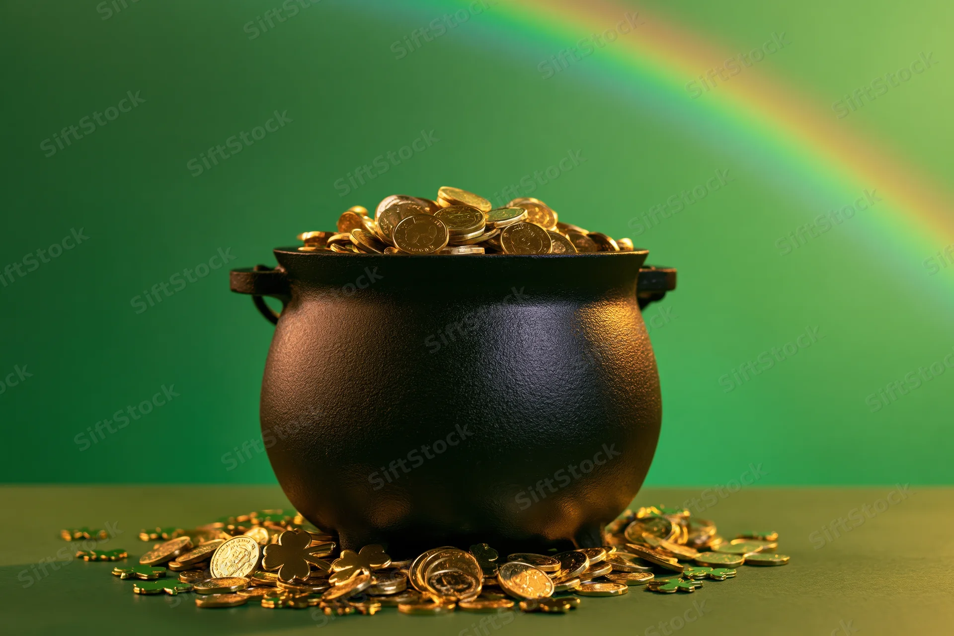 Black cauldron overflowing with gold coins and shamrocks on green surface with rainbow in background