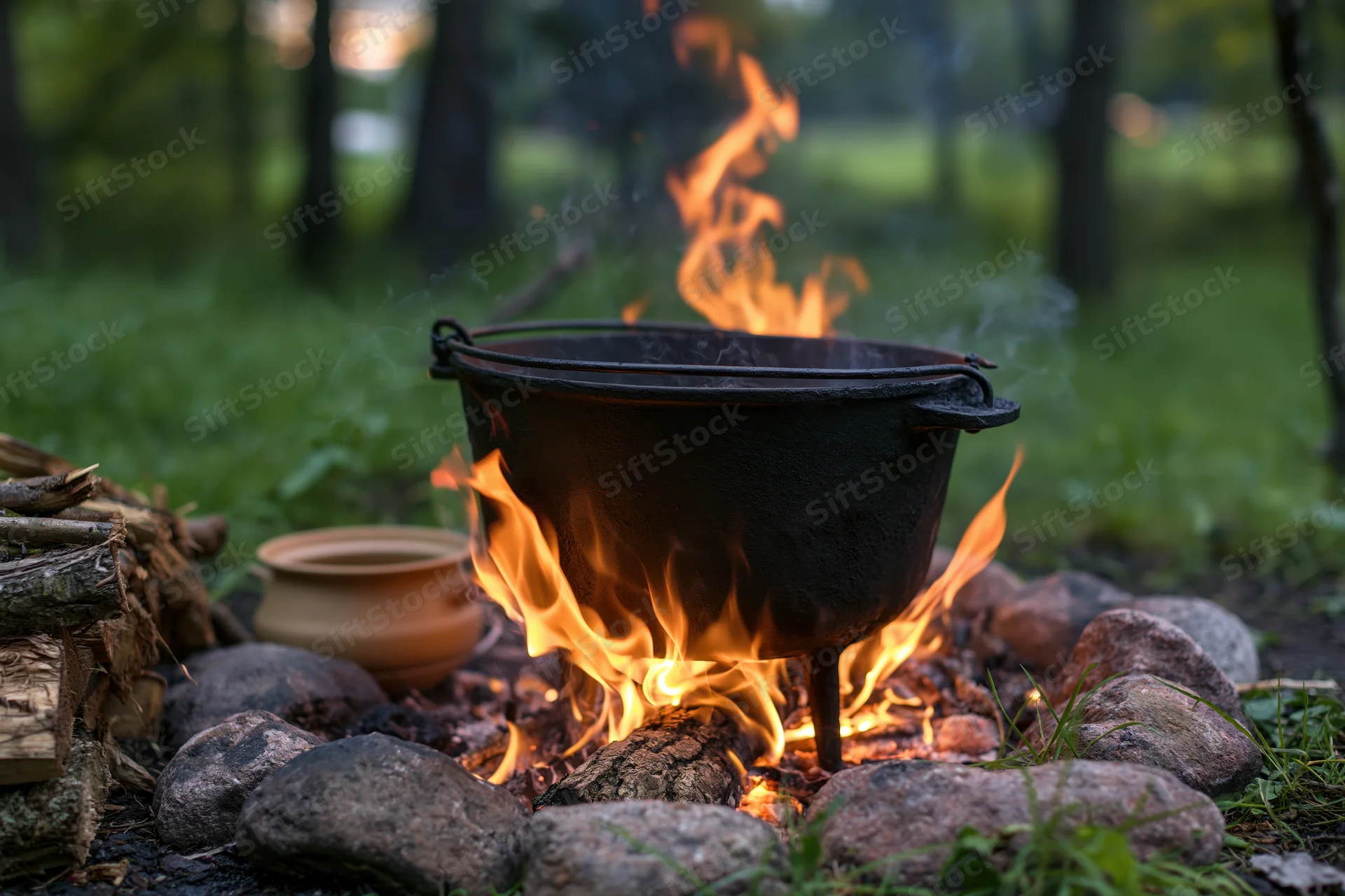 Black cast iron cauldron cooking over open campfire in forest clearing