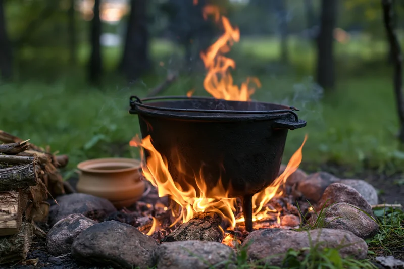 Black cast iron cauldron cooking over open campfire in forest clearing