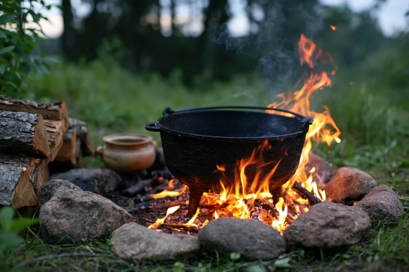 Black cast iron cauldron over open campfire surrounded by stones in grassy forest clearing at twilight