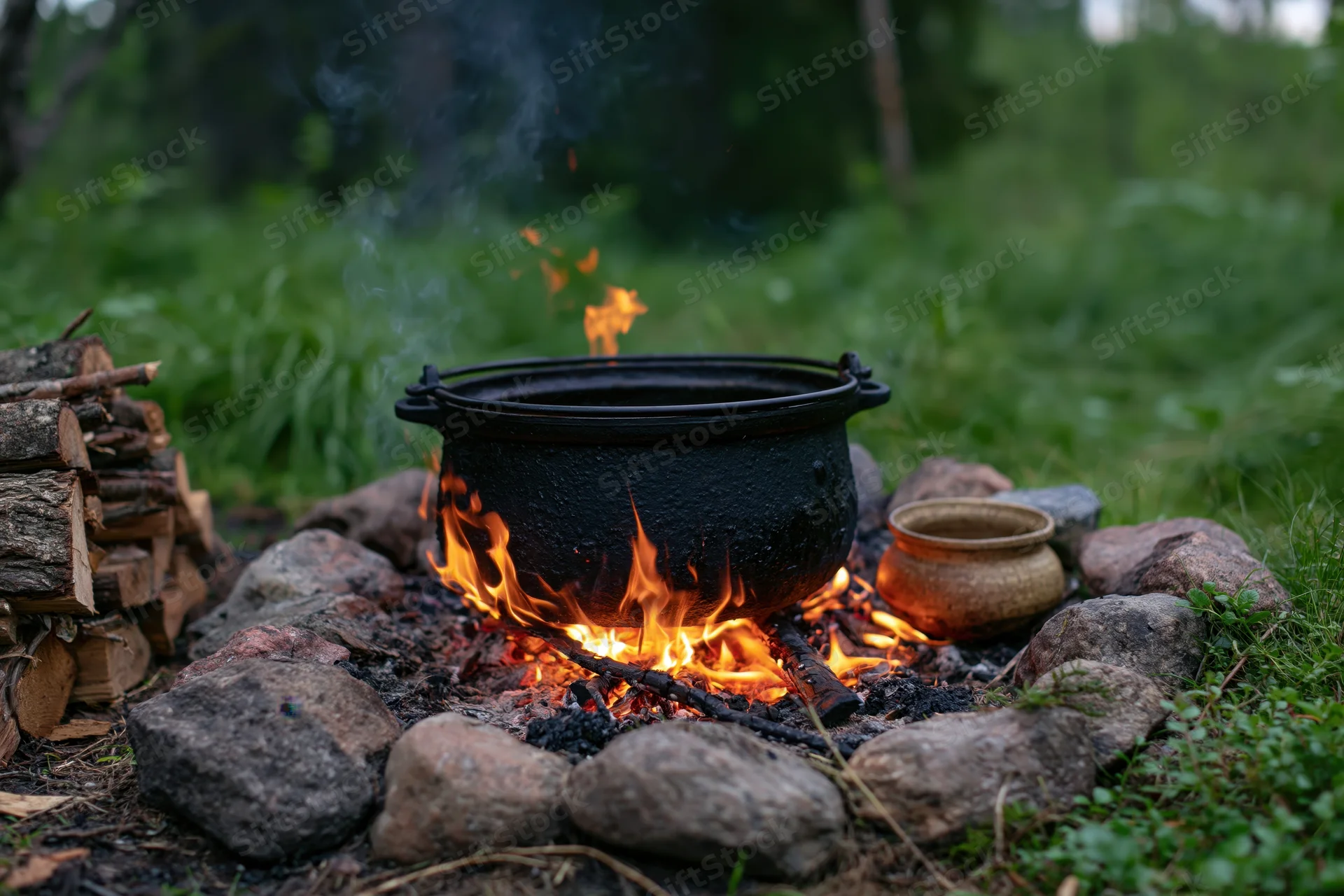 Black cast iron cauldron cooking over open campfire surrounded by rocks in forest clearing