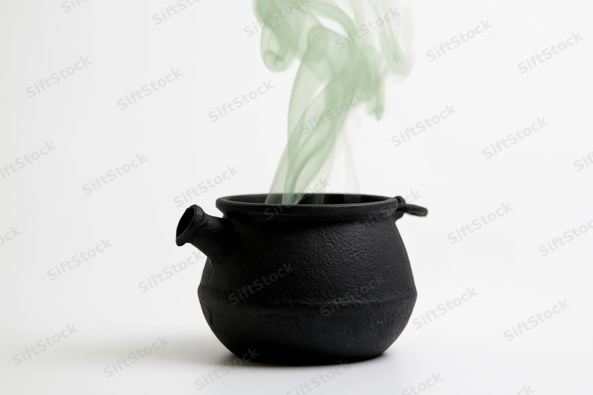 Black cast iron cauldron emitting green smoke on white background
