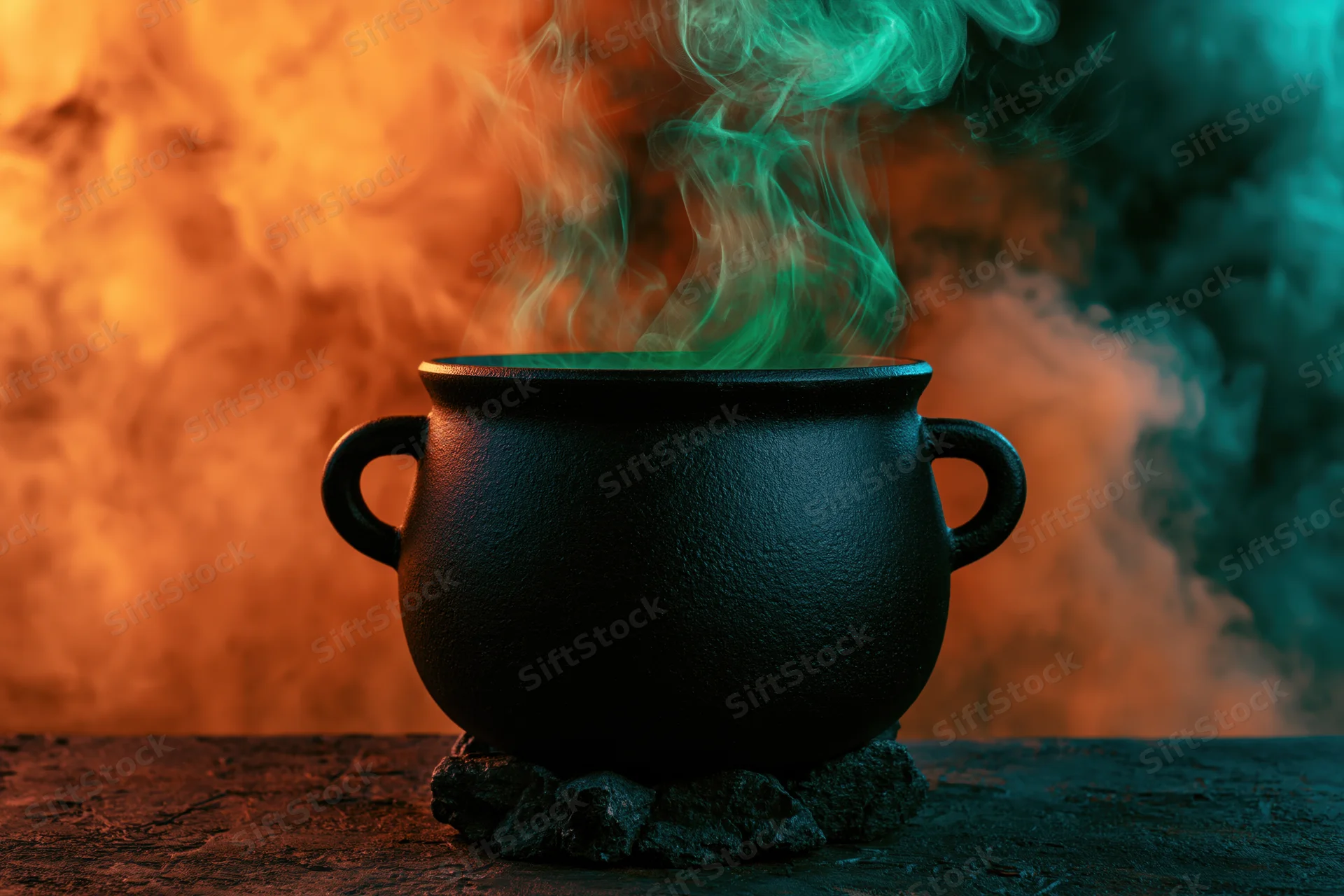 Black cast iron cauldron steaming with green smoke on a stone base against orange and teal foggy background