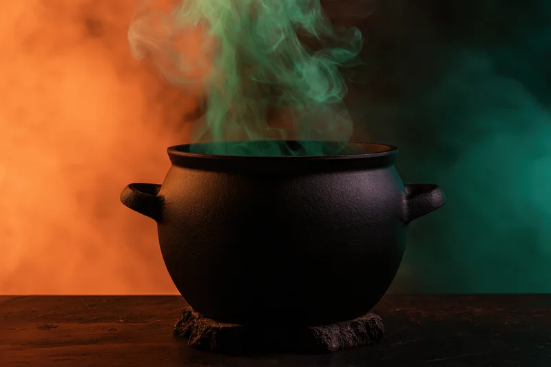 Black cast iron cauldron steaming with green smoke on a dark stone base against orange and green lit background