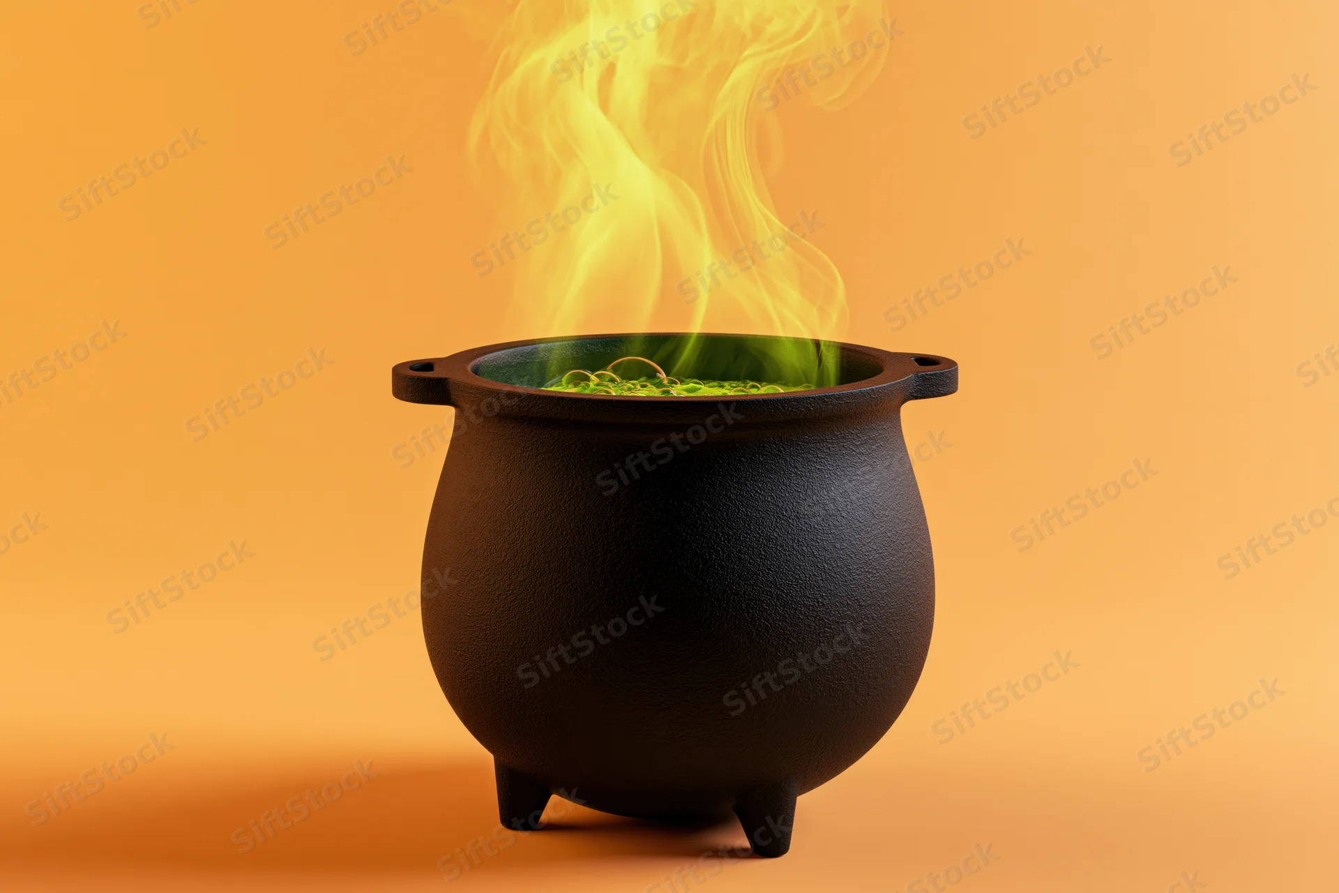 Black cast iron witch cauldron with green bubbling liquid and rising smoke on orange background