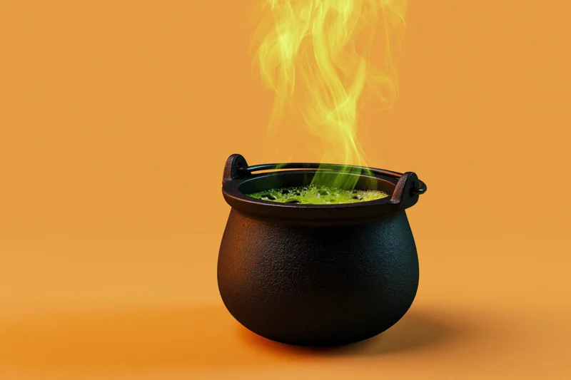 Black cast iron witch cauldron with green bubbling liquid and rising smoke on orange background