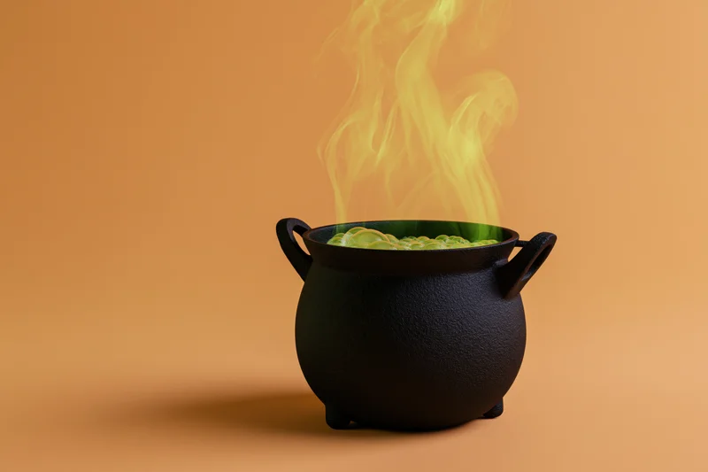 Black cast iron cauldron with green bubbling liquid and rising smoke on orange background