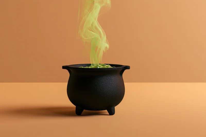 Black cast iron witch cauldron with green bubbling liquid and rising smoke on orange surface