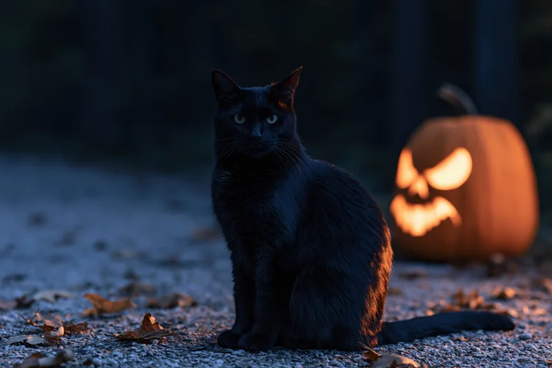 Black cat sitting upright on gravel outdoors at night beside a glowing jack-o'-lantern