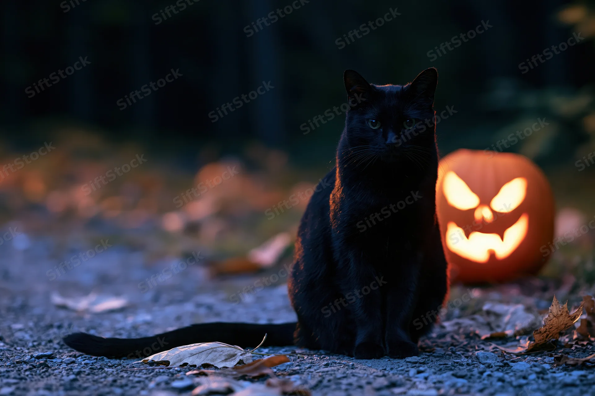 Black cat sitting upright beside glowing jack-o-lantern on gravel path at night in forest