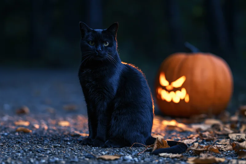 Black cat sitting upright on gravelly ground beside a glowing jack-o'-lantern at night in a forest setting