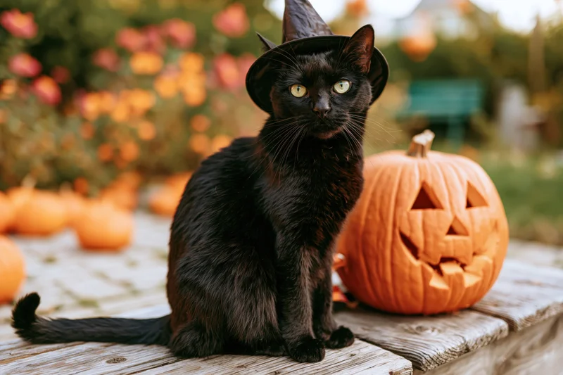 Black cat wearing witch hat sitting beside carved pumpkin on wooden bench outdoors