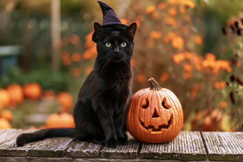 Black cat wearing witch hat sitting beside carved pumpkin on wooden bench in garden