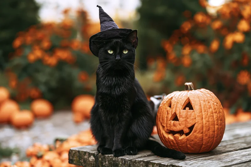 Black cat wearing witch hat sitting beside carved pumpkin on wooden bench in pumpkin field