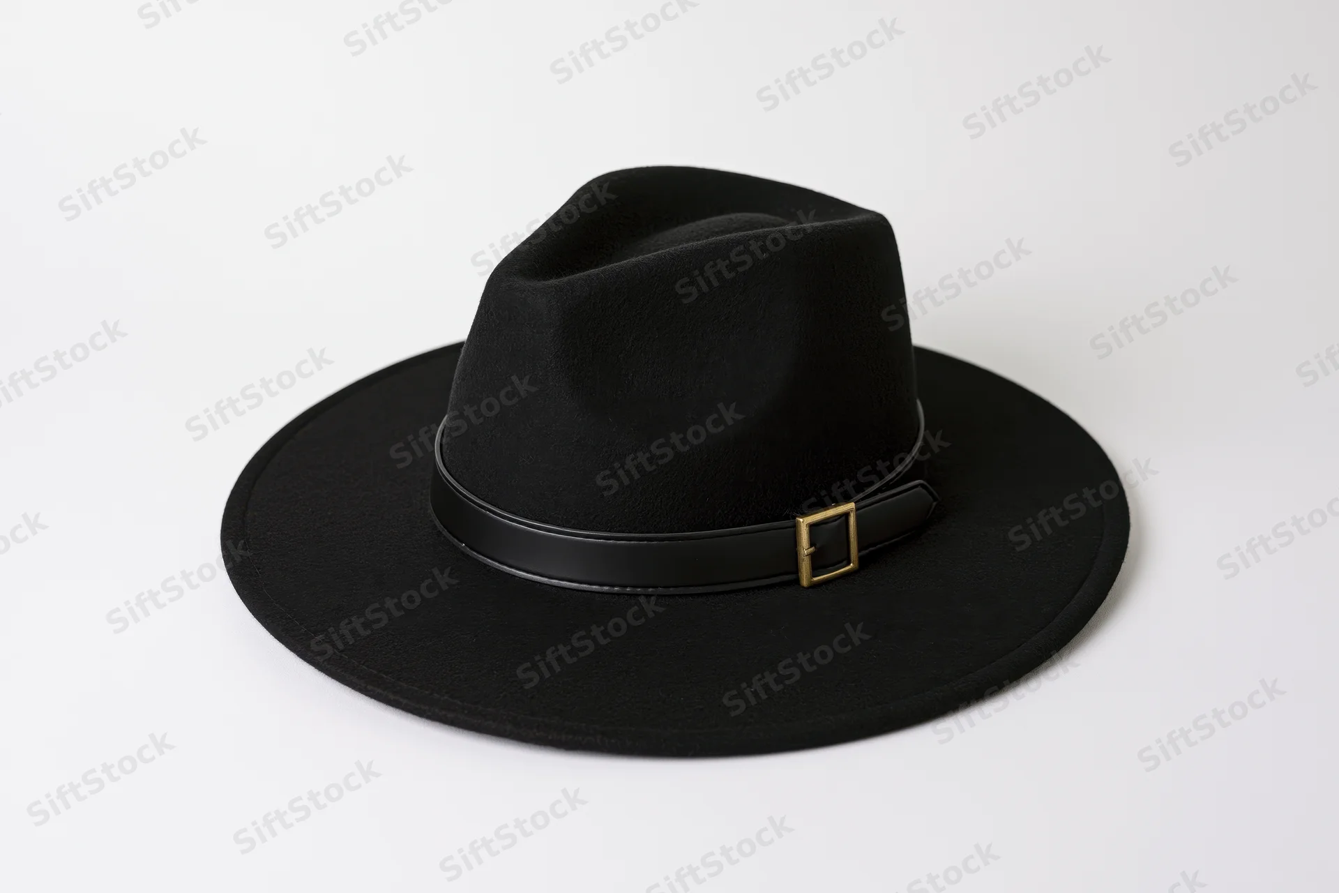Black felt witch hat with wide brim and leather band featuring gold buckle on white background