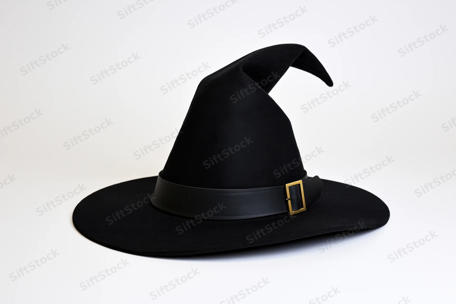Black felt witch hat with curved tip and wide brim on white background