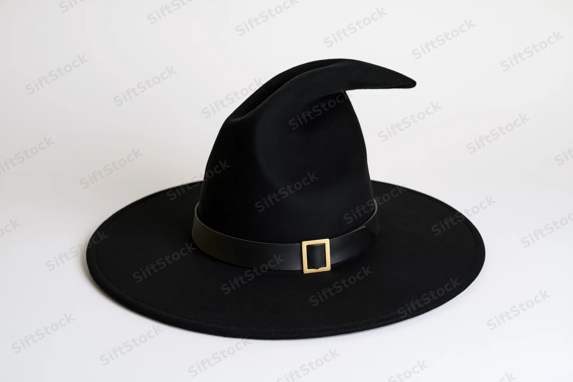 Black felt witch hat with curved tip and wide brim on white background