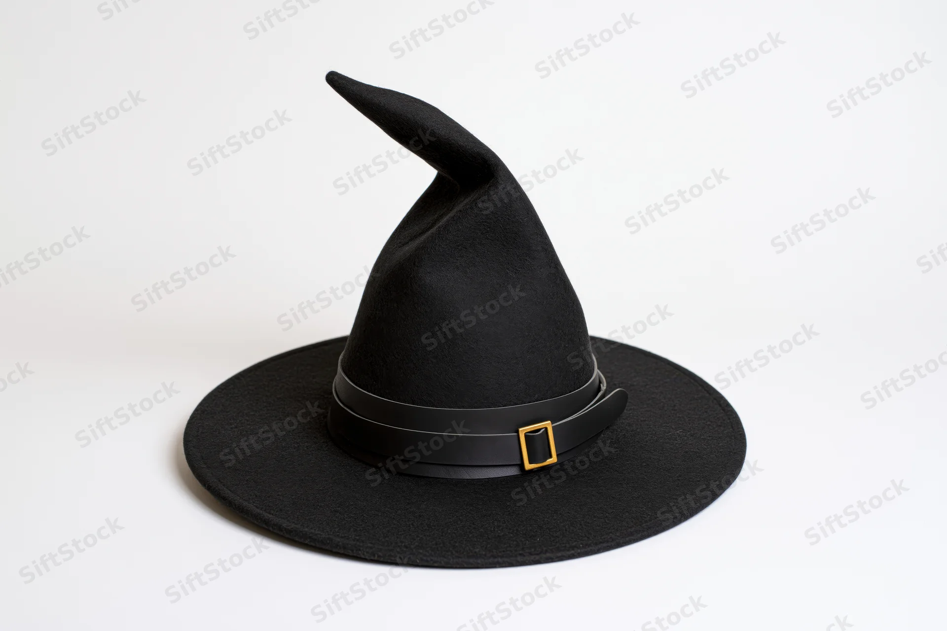 Black felt witch hat with curved pointed tip and wide flat brim on white background