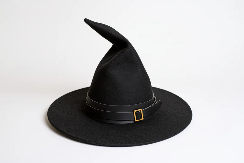 Black felt witch hat with curved pointed tip and wide flat brim on white background