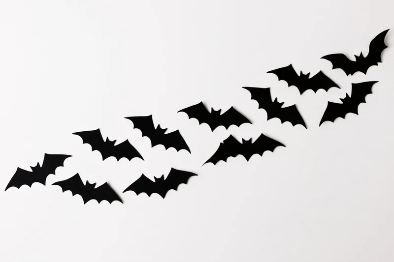 Black paper bat cutouts arranged in diagonal swarm pattern on white surface