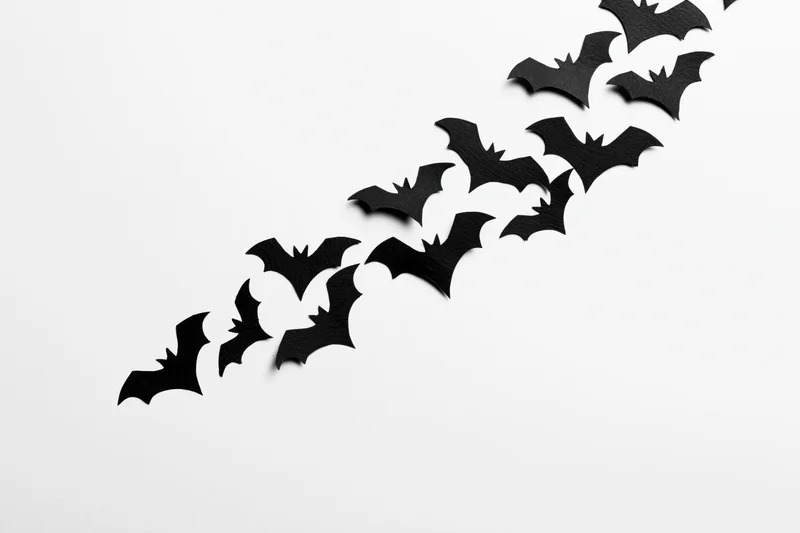 Black paper bat cutouts arranged diagonally on white background
