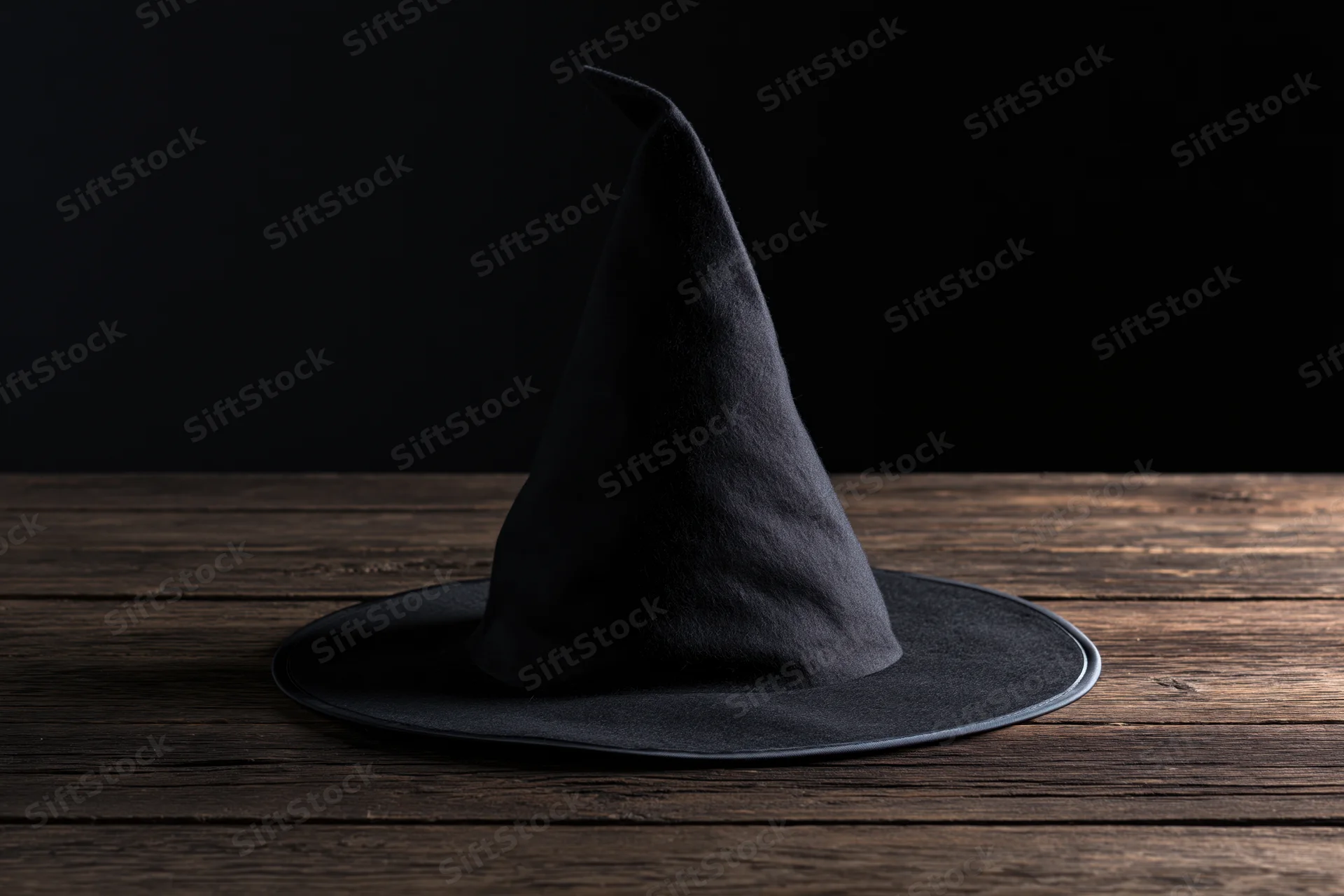 Black pointed witch hat resting on a dark weathered wooden table