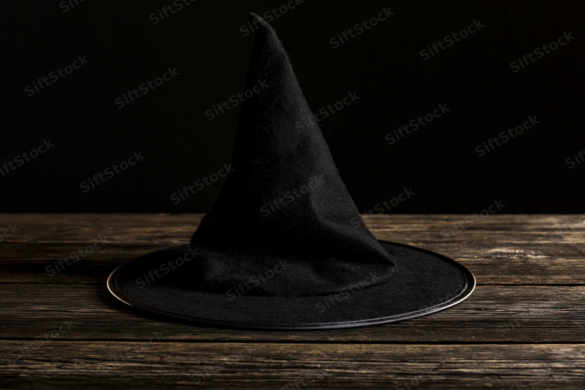 Black pointed witch hat resting on a dark weathered wooden table