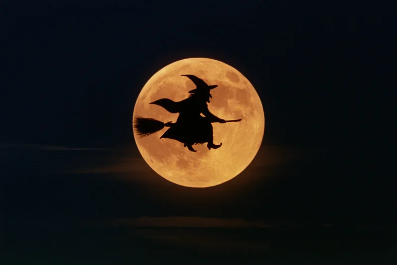 Witch flying on broomstick silhouetted against full moon in night sky