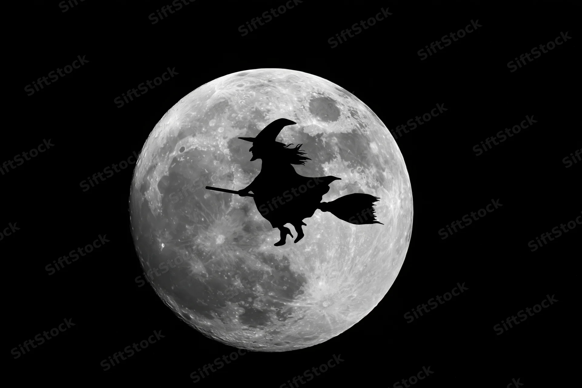 Witch flying on broomstick in silhouette against full moon at night