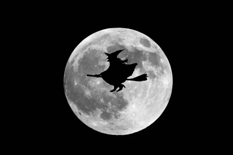 Witch flying on broomstick in silhouette against full moon at night