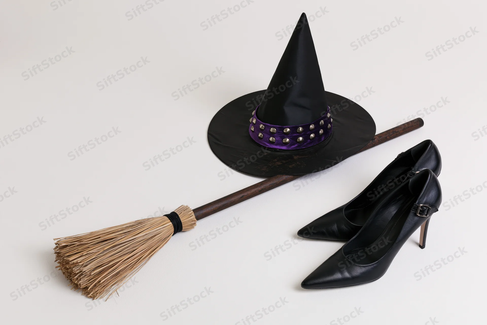 Black witch hat with purple studded band, wooden broom and black high heels arranged on white surface