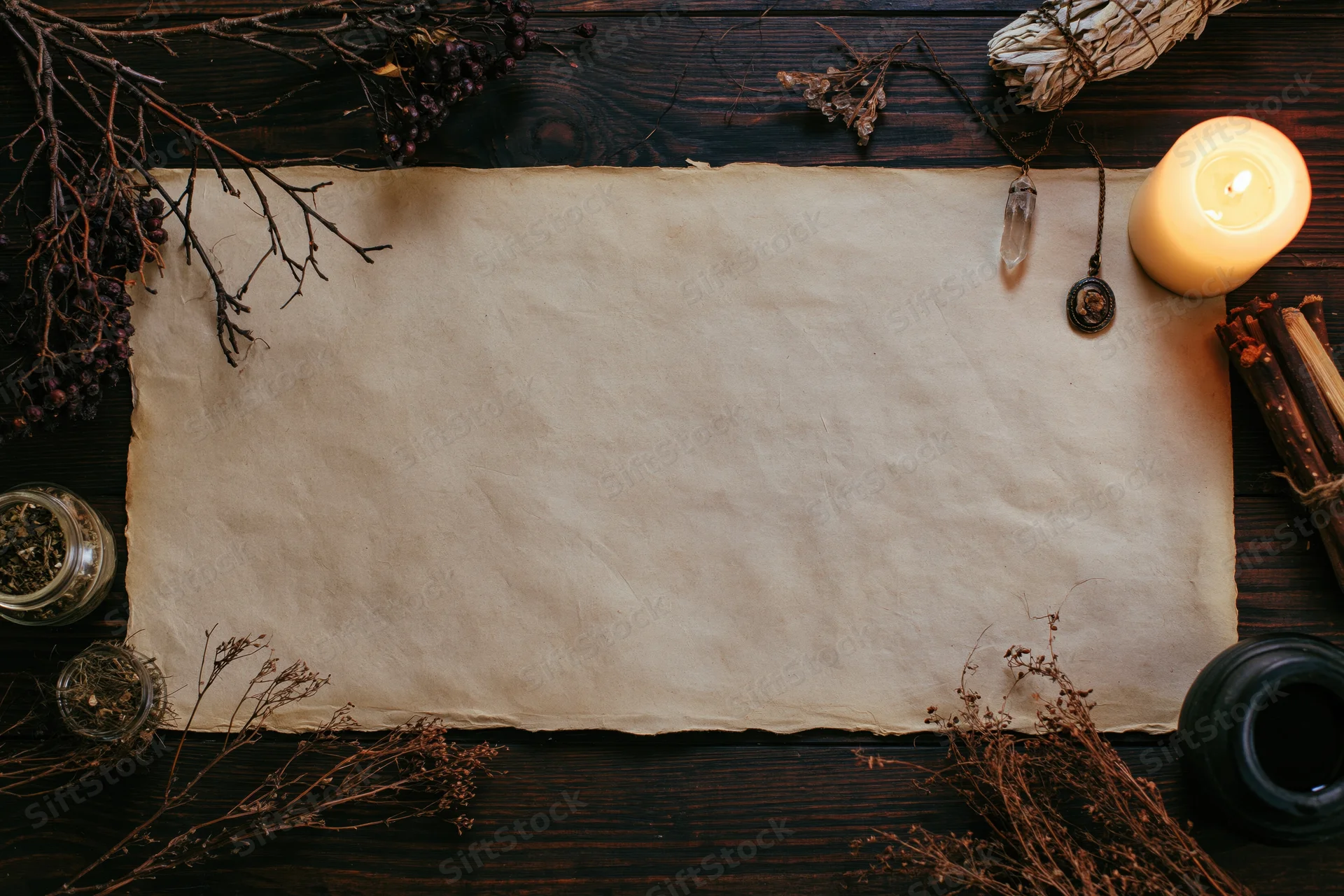 Aged parchment paper lying flat on dark wooden table surrounded by dried herbs, berries, candle, and ritual objects
