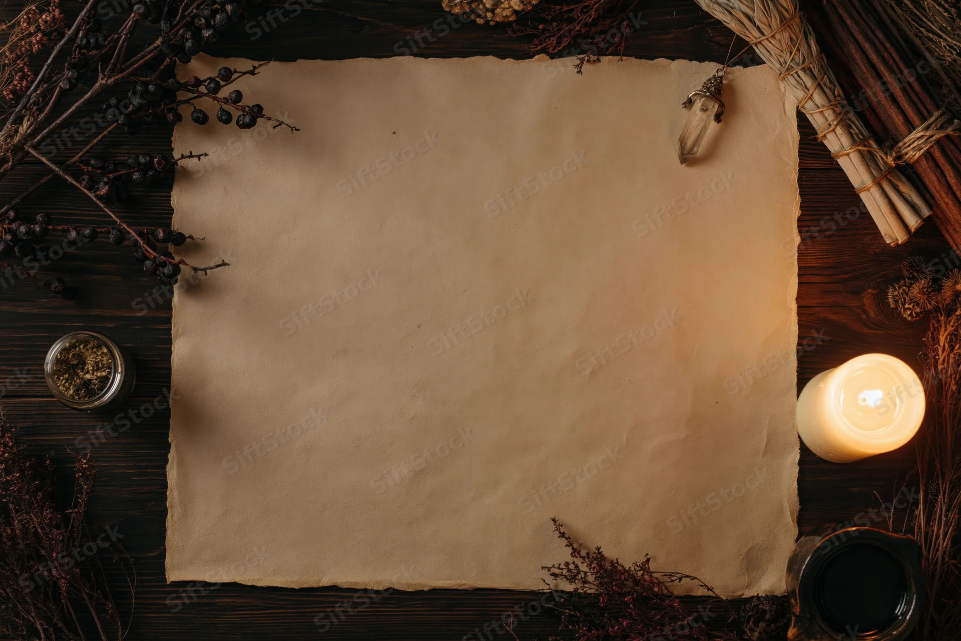 Aged parchment paper on dark wooden table surrounded by dried herbs, berries, candle and witchcraft tools