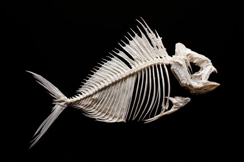 Bleached fish skeleton mounted and displayed against a deep black background