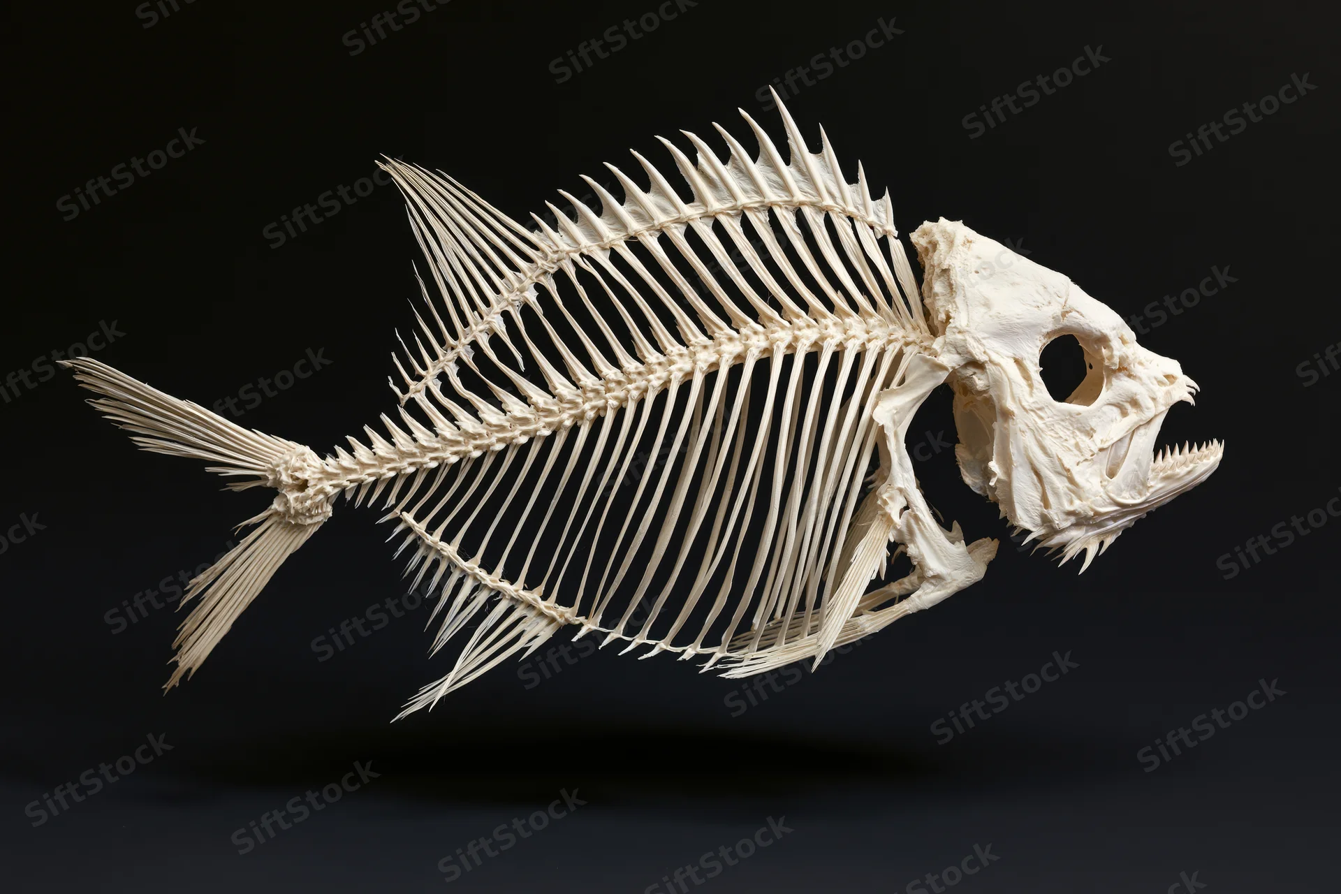 Bleached fish skeleton mounted and displayed against a black background