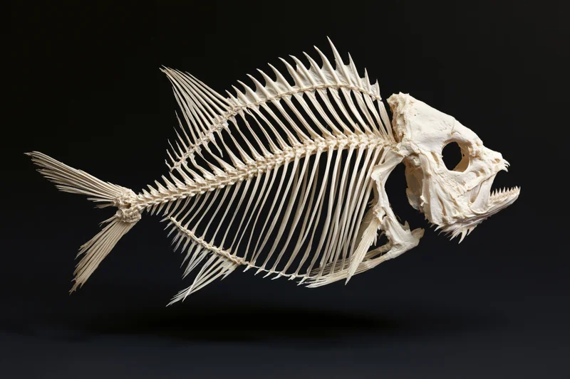 Bleached fish skeleton mounted and displayed against a black background