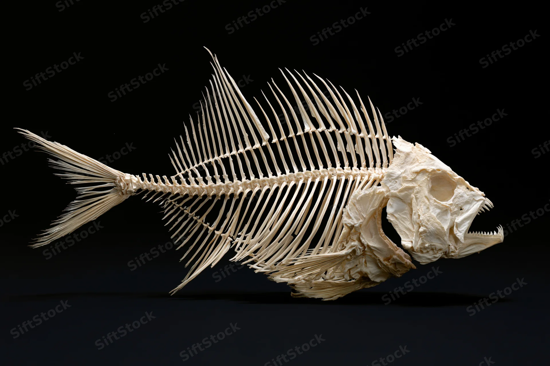 Bleached fish skeleton mounted for display against a black background