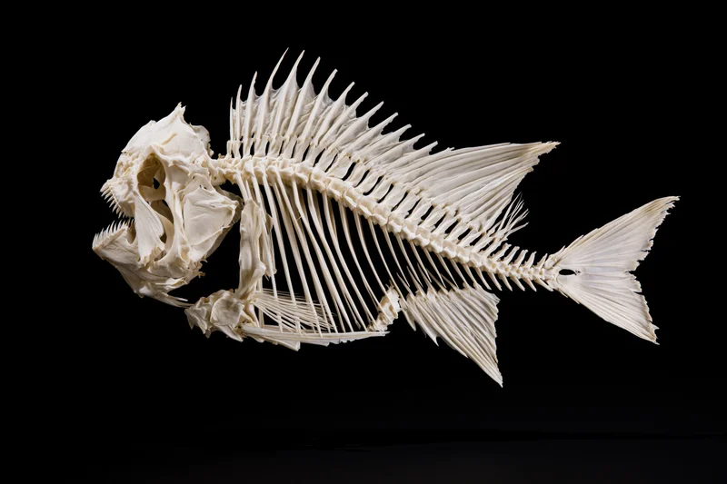 Bleached fish skeleton mounted for display against black background