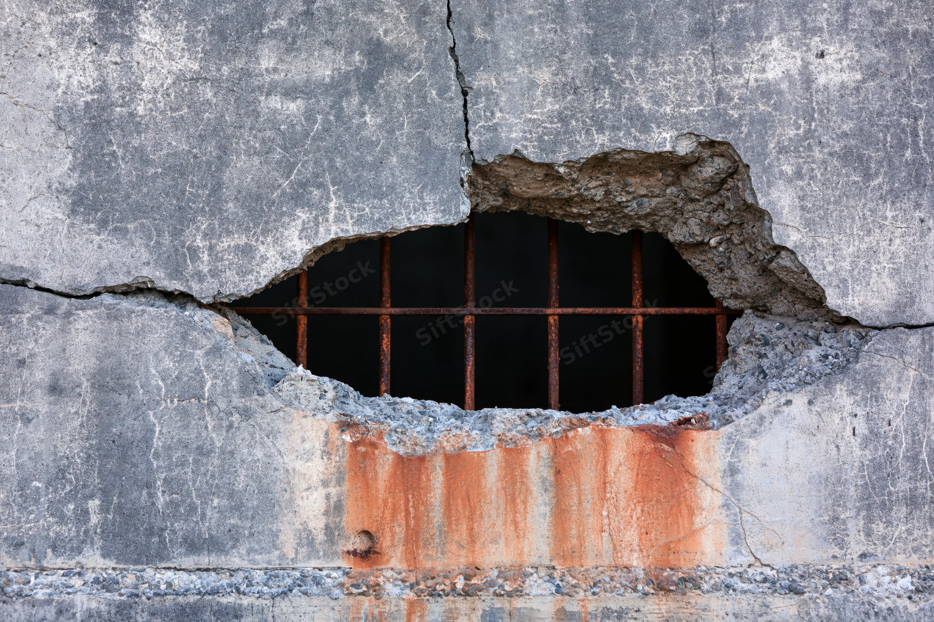 Broken concrete prison wall with jagged hole revealing rusted rebar grid