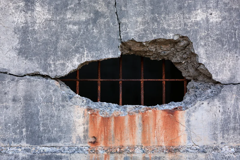 Broken concrete prison wall with jagged hole revealing rusted rebar grid
