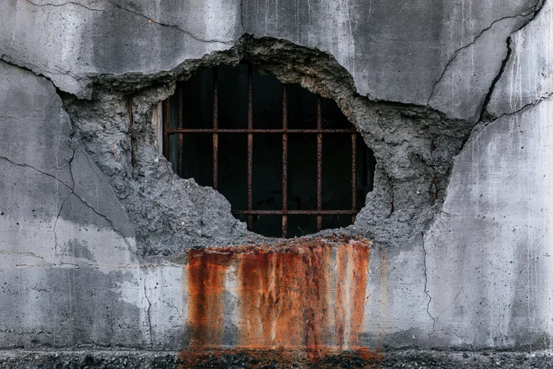 Broken concrete prison wall with jagged hole revealing rusted metal bars