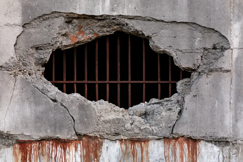 Jagged hole in broken concrete prison wall revealing rusted metal bars