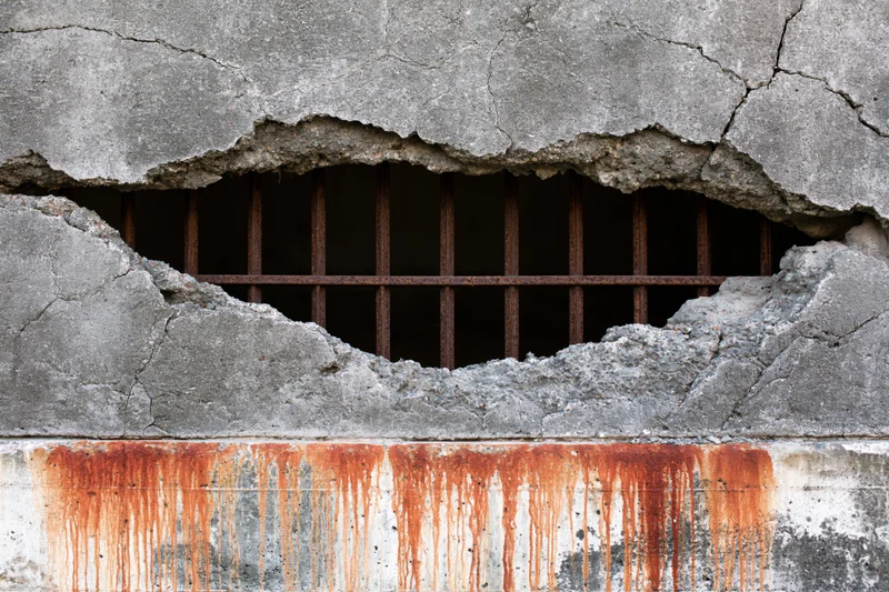 Jagged hole in broken concrete prison wall revealing rusted metal bars