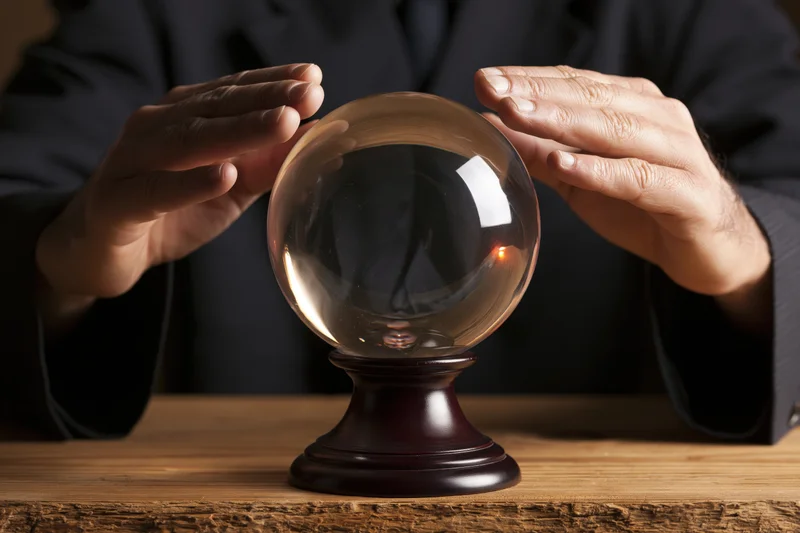 Businessman hovering hands around crystal ball on wooden table