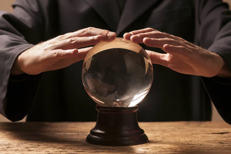 Hands hovering over a crystal ball on a wooden table