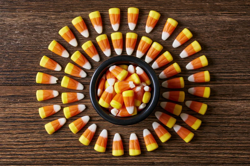 Candy corn arranged in a circular pattern around a black bowl on a wooden surface