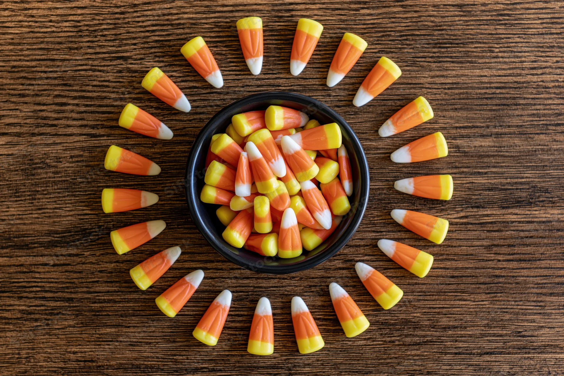Candy corn pieces arranged in a circle around a black bowl on a wooden surface