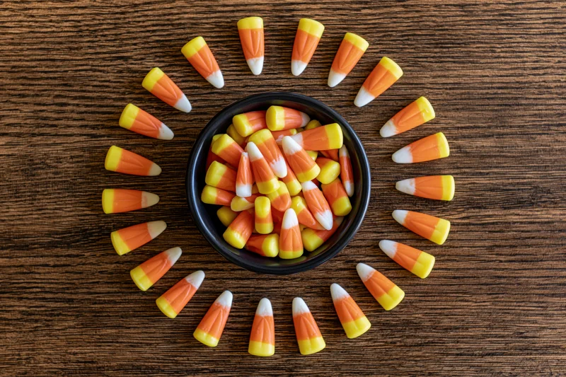 Candy corn pieces arranged in a circle around a black bowl on a wooden surface