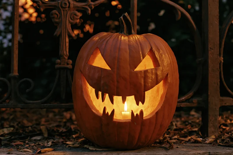 Carved pumpkin glowing with candlelight at night outdoors near wrought iron gate