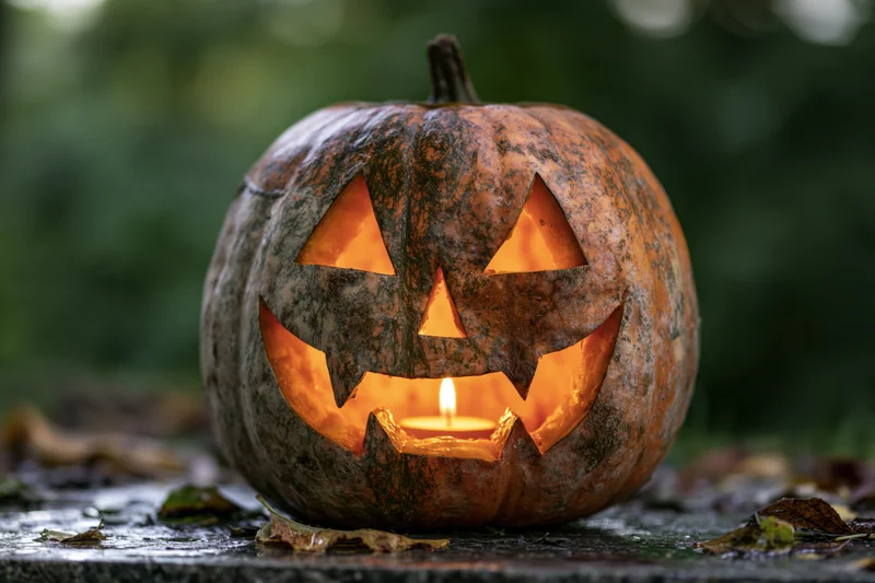 Carved pumpkin with glowing candle inside sitting on wet stone surface surrounded by fallen leaves